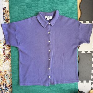 Real Comfort Women Vintage Waffle Knit Purple Short Sleeve Button-Up Shirt Sz L